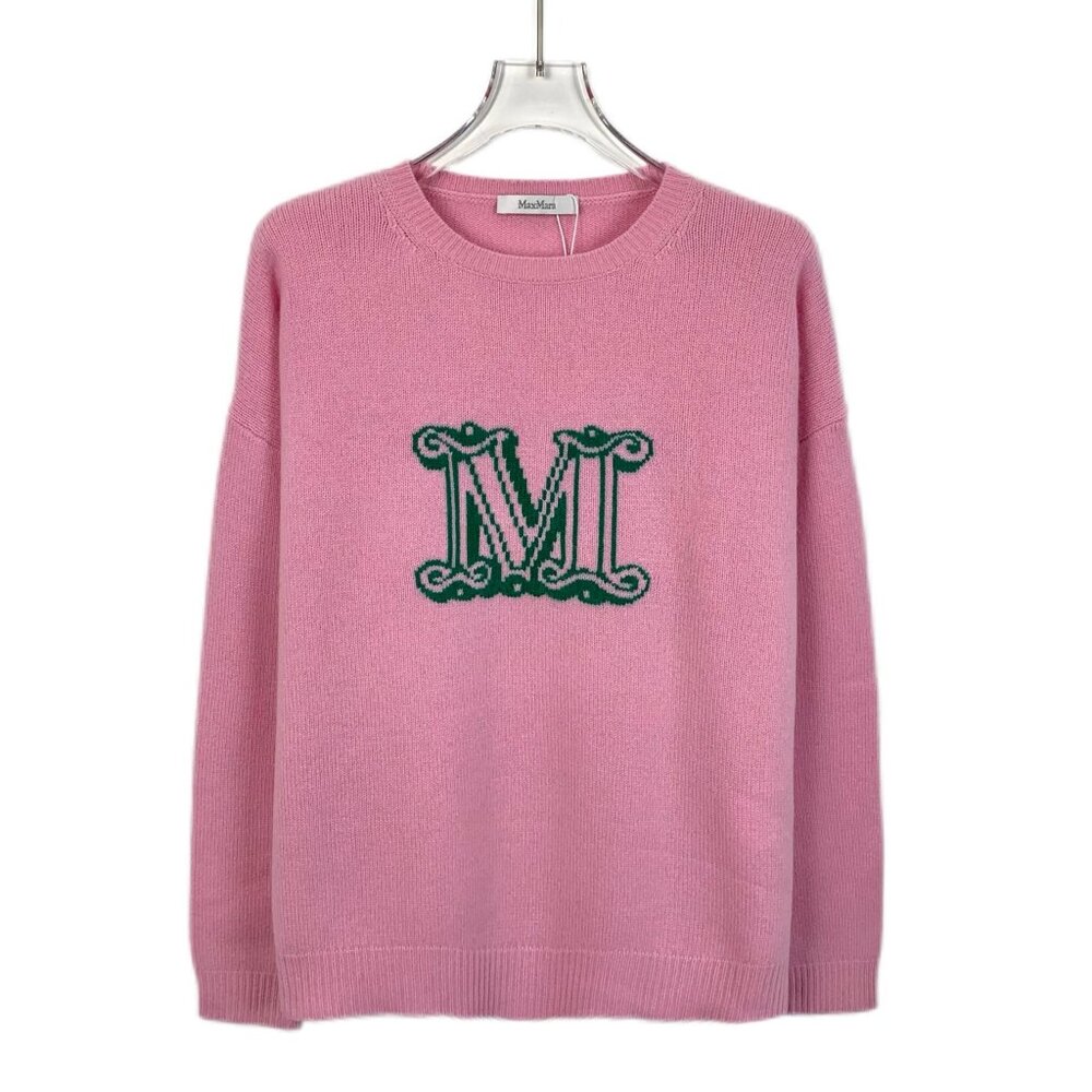 MaxMara Pink Crewneck Knit Sweater With Green Embroidered "M" Logo